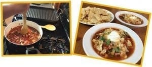 Chicken tortilla soup being cooked and served with chips.