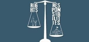 Scales weighing "RIGHTS" with a parent and child against "RESPONSIBILITIES" with a school building.