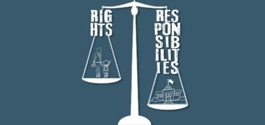 Scales weighing "RIGHTS" with a parent and child against "RESPONSIBILITIES" with a school building.