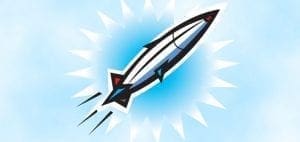 Stylized rocket ascending against a light blue background with starburst.