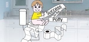 Illustration of a child sitting on a potty with toilet paper.