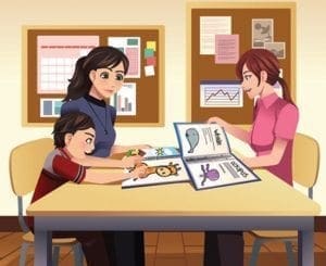 A teacher and a parent work with a child on a drawing at a table.