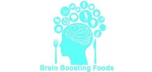 A silhouette of a head with a brain inside and various food icons above, with a fork and knife on either side.