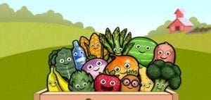 Cartoon vegetables and fruits with smiling faces in a crate with a farm in the background.