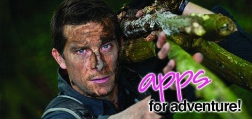 Bear Grylls carrying logs with the text "apps for adventure!