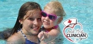 Two children in a pool with a logo that says "Ask the Clinician.
