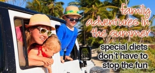 Family with two children in a car, with text overlay "family adventures in the summer: special diets don't have to stop the fun.