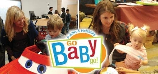 Go Baby Go! Mobility & Sociability logo with children and adults.