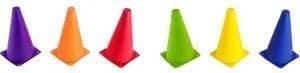 Six brightly colored sport cones in a row.