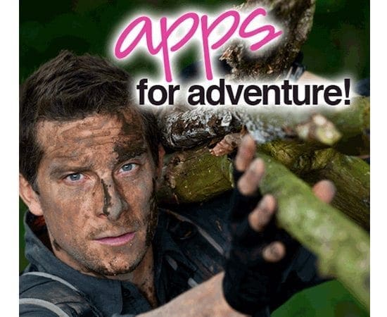 Bear Grylls holding a cucumber with mud on his face and "apps for adventure!" text overlaid.
