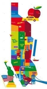 Stylized map of New York City with landmarks and a yellow taxi