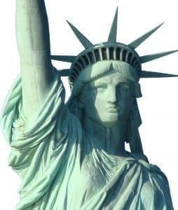 The Statue of Liberty against a white background.