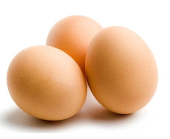 Three brown eggs on a white background