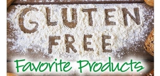 Gluten free favorite products written in flour on a wooden surface.
