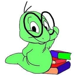 A green cartoon worm wearing glasses sits on a stack of books.