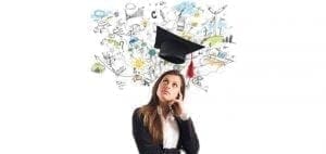 Woman in business attire thinking with graduation cap and drawings above her head.