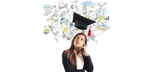 Woman in business attire thinking with graduation cap and drawings above her head.