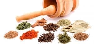 Various spices and herbs are arranged around a wooden mortar and pestle.
