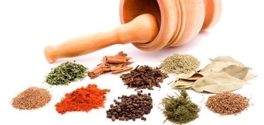 Various spices and herbs are arranged around a wooden mortar and pestle.