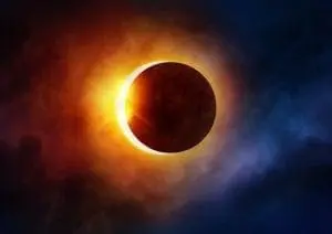 Illustration of a solar eclipse with the moon partially obscuring the sun.