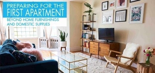 Stylized text overlaying a living room describes preparing for a first apartment.