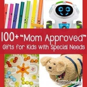 Collage of craft supplies, a robot toy, a board game, and a plush dog, with text "100+ Mom Approved Gifts for Kids with Special Needs".
