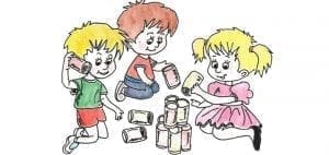Three children stacking aluminum cans to build a tower.