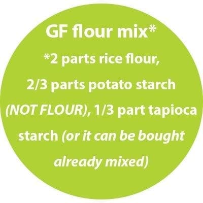 GF flour mix ingredients: rice flour, potato starch, and tapioca starch.