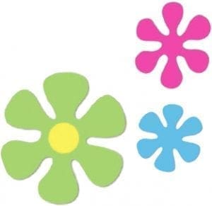 Three stylized flowers in pink, blue, and green with yellow center.