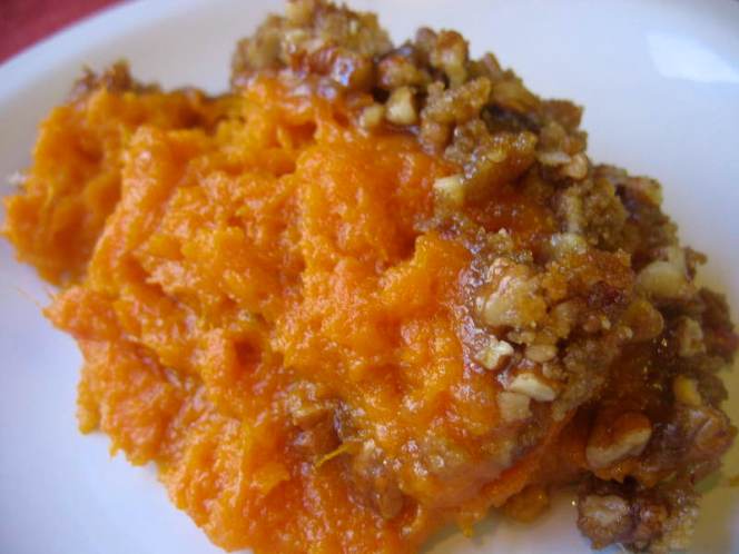 Sweet potato souffle with a pecan topping.