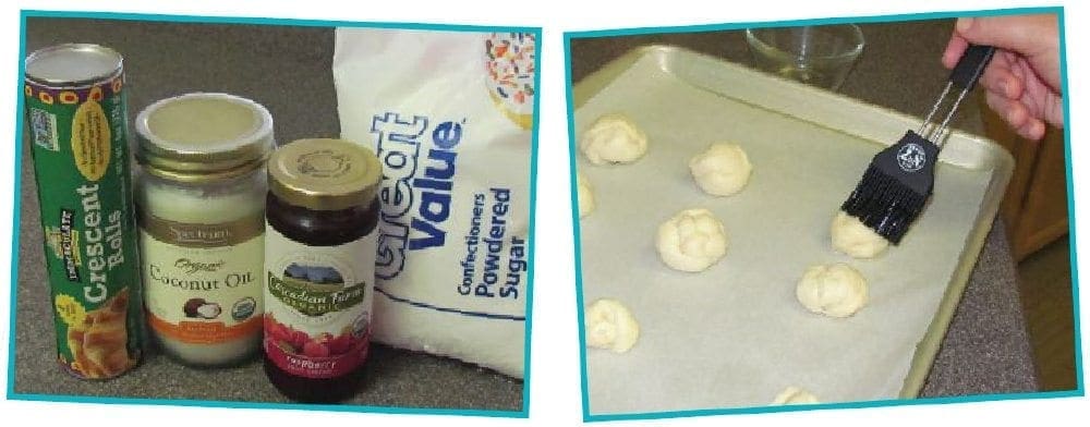 Ingredients for Sufganiyot on left, dough balls on baking sheet on right.