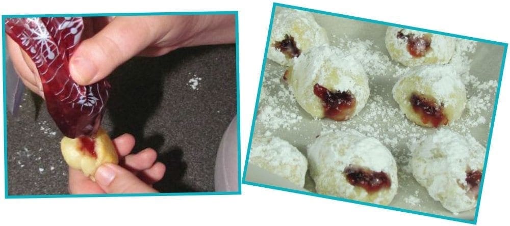 Filling sufganiyot with jelly and finished sufganiyot dusted with powdered sugar.
