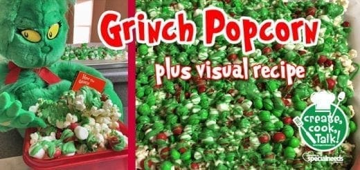 Grinch popcorn with a Grinch plush toy and a "plus visual recipe" overlay.