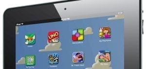 Tablet displaying various app icons, including UNO and MemoryBlock.