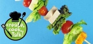 Kiddie Cobb on a stick with lettuce, tomatoes, cheese, and smoked turkey.