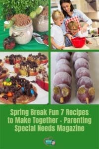Collage of spring break recipes, including "Cheesy" Cauliflower Popcorn, Banana Sushi, and "Chocolate Caramel Apple" Cookies.