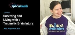 Stephanie Kita, smiling and wearing a purple shirt that says "Walk About Brain Injury.