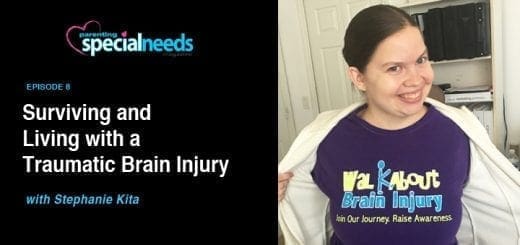 Stephanie Kita, smiling and wearing a purple shirt that says "Walk About Brain Injury.