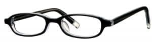 Black-rimmed eyeglasses with clear lenses.