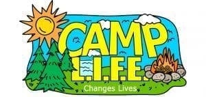 Camp LIFE logo with trees, sun, campfire, and text.
