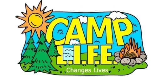 Camp LIFE logo with trees, sun, campfire, and text.