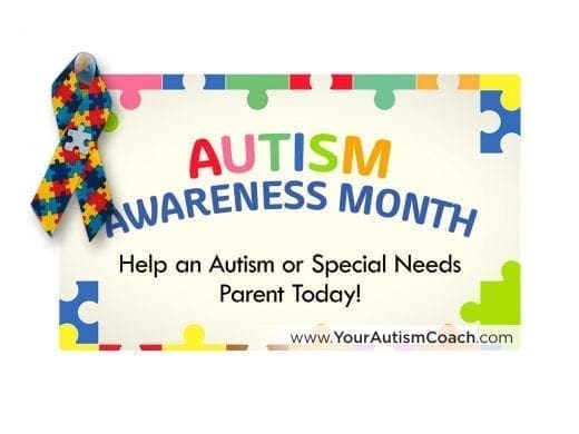 Sign with "AUTISM AWARENESS MONTH" and a puzzle piece ribbon.