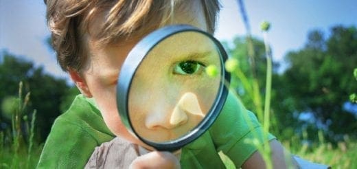 Young child looking through a magnifying glass at a blade of grass.