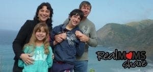 Julie Jones with her family outdoors, with a Real Moms Share logo.