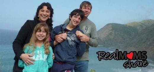 Julie Jones with her family outdoors, with a Real Moms Share logo.
