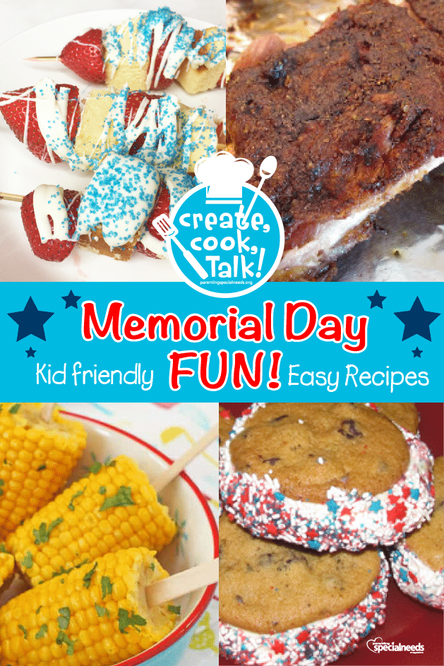 Four Memorial Day recipes including strawberry kabobs, ribs, corn on the cob, and ice cream sandwiches.