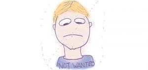 Cartoon of a sad-faced person with blond hair and the words "NOT WANTED" on their shirt.