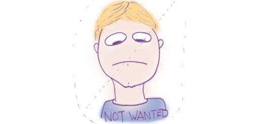 Cartoon of a sad-faced person with blond hair and the words "NOT WANTED" on their shirt.