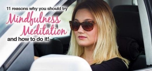 Woman wearing sunglasses and driving a car, with text overlay about mindfulness meditation.