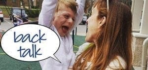 Child yelling with speech bubble saying "back talk" near a woman.